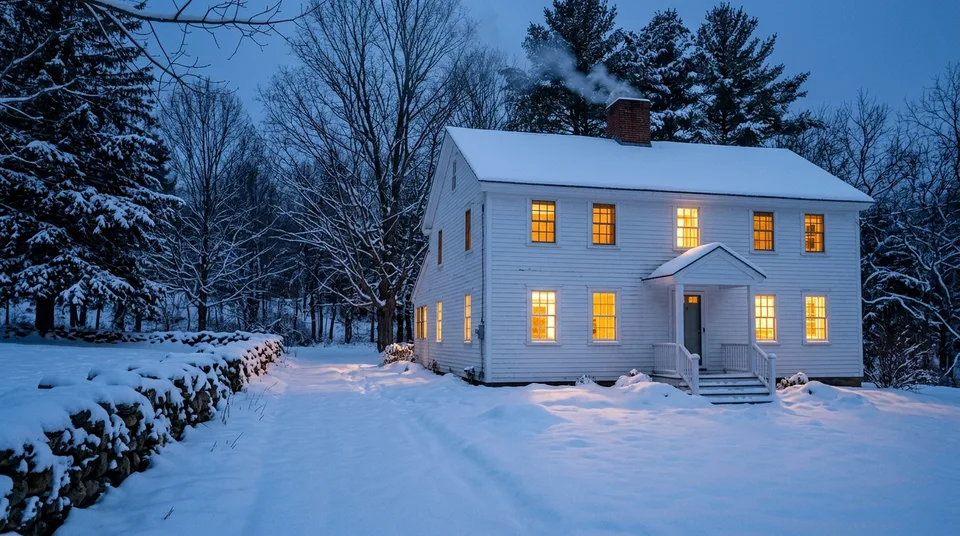 Farmhouse with lit windows in the snow.