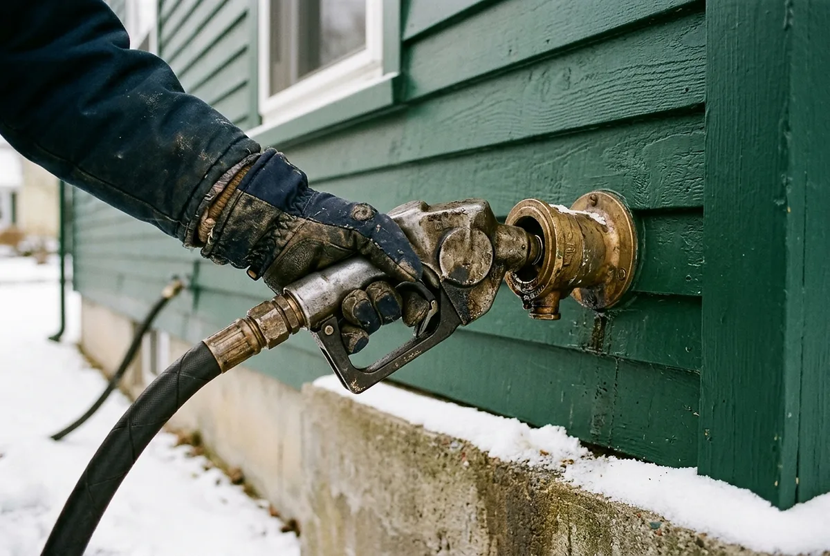 A gloved hand holding a delivery nozzle on the fill pipe of a house in winter.